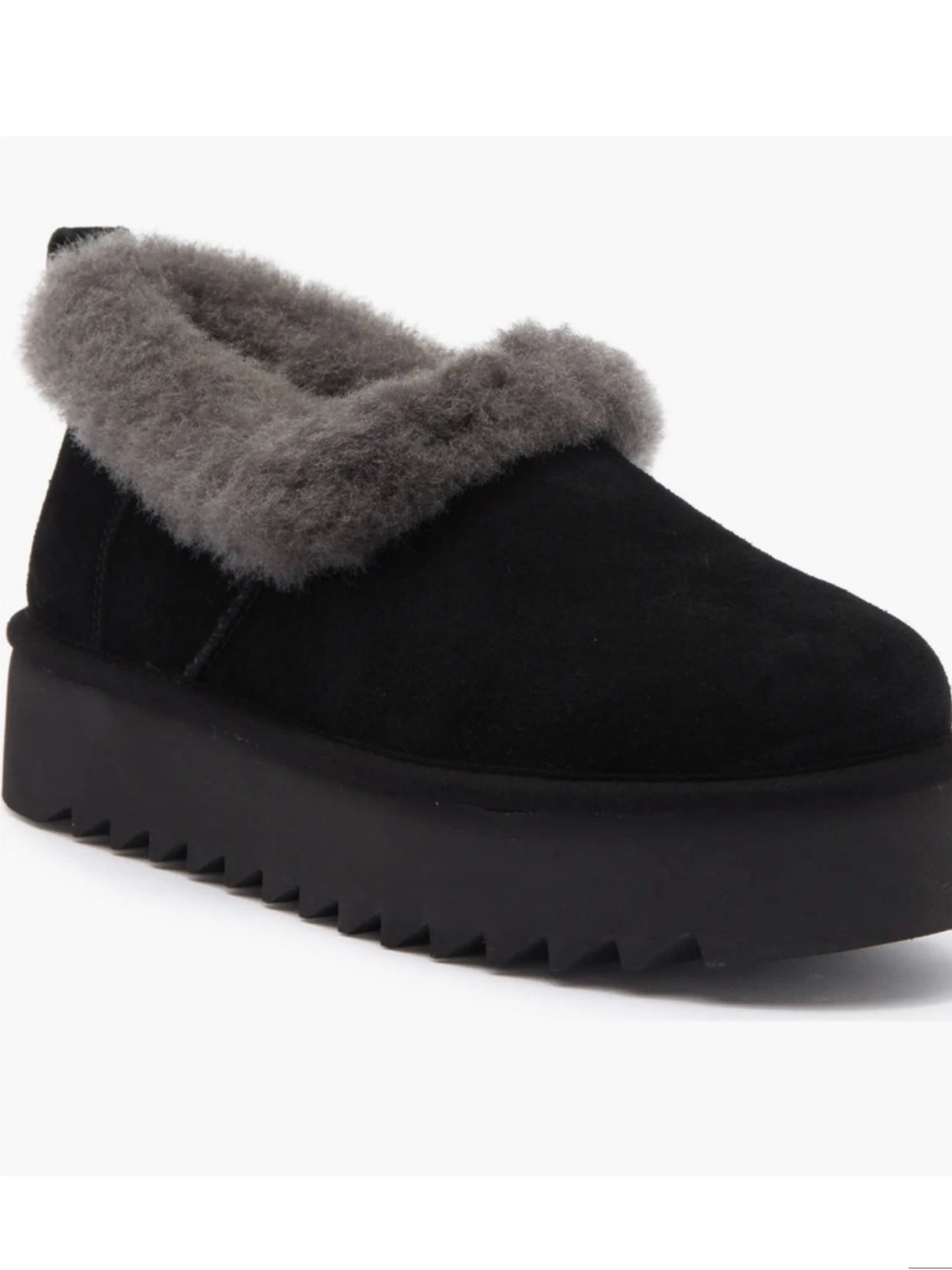 UGG Women's Nita Black Suede Platform Slip-On with Gray Shearling